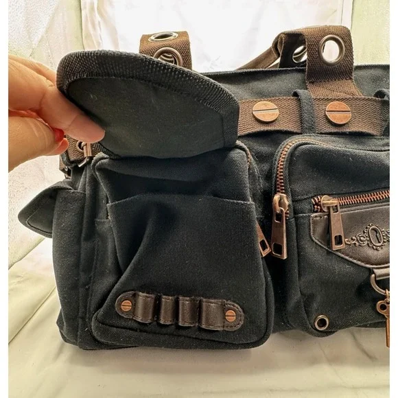 Banned Alternative DOOM LAGOON HANDBAG Steampunk Key Canvas Black Copper NWT - Picture 7 of 16